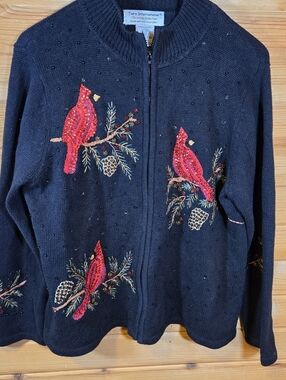 Vintage Tiara International Cardigan Sweater Cardinal Sequin Holiday Cottage XL